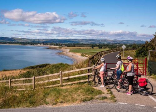 Three cyclists pause along the scenic Copper Coast cycle tours path overlooking a beach and distant hills. Wearing helmets, they stand beside their bikes, savoring the sunny weather and clear skies. A wooden fence lines the path, surrounded by lush greenery.