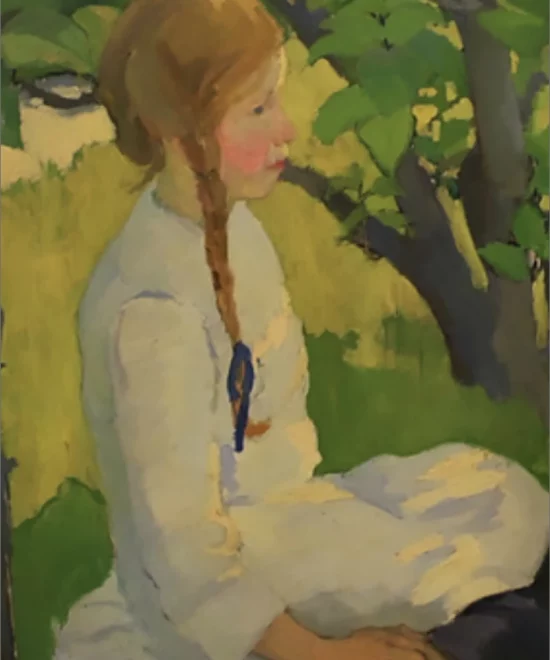 A painting reminiscent of Edith Collier's style shows a young girl with a long braid and a blue ribbon, sitting under a tree. Clad in a white dress, she is depicted in profile amid lush green leaves and grass, capturing the essence of impressionistic charm.