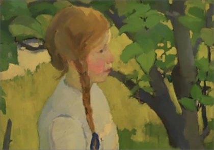 A painting inspired by Edith Collier, capturing a girl with long red hair braided, standing in a green garden. The scene features lush foliage and soft sunlight, as the girl gazes to the side, creating an atmosphere that resonates with serene contemplation.