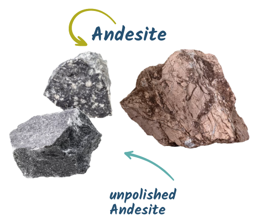 Three rocks are shown: two labeled "Andesite" with a speckled gray texture, reflecting the geology of the Copper Coast, and one labeled "unpolished Andesite" with a rough, brownish surface. Arrows point to each rock, identifying them.