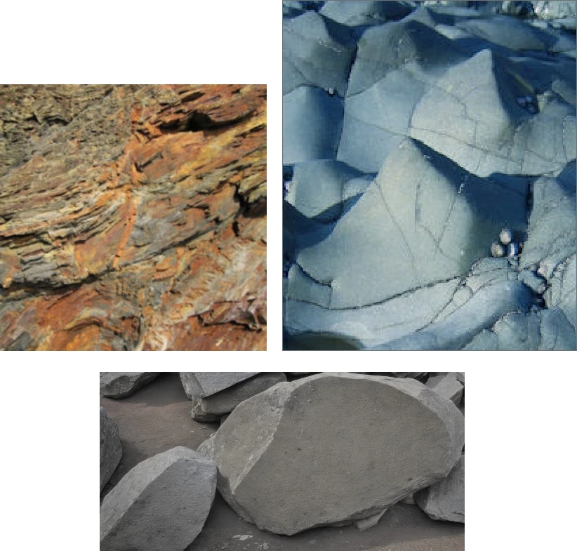 A collage of three images showcasing Earth's diverse geology. The top-left image reveals layered reddish-brown sedimentary rocks. The top-right displays smooth, bluish metamorphic rocks. The bottom features large, gray, rough-cut boulders, all highlighting the fascinating study of Earth science.