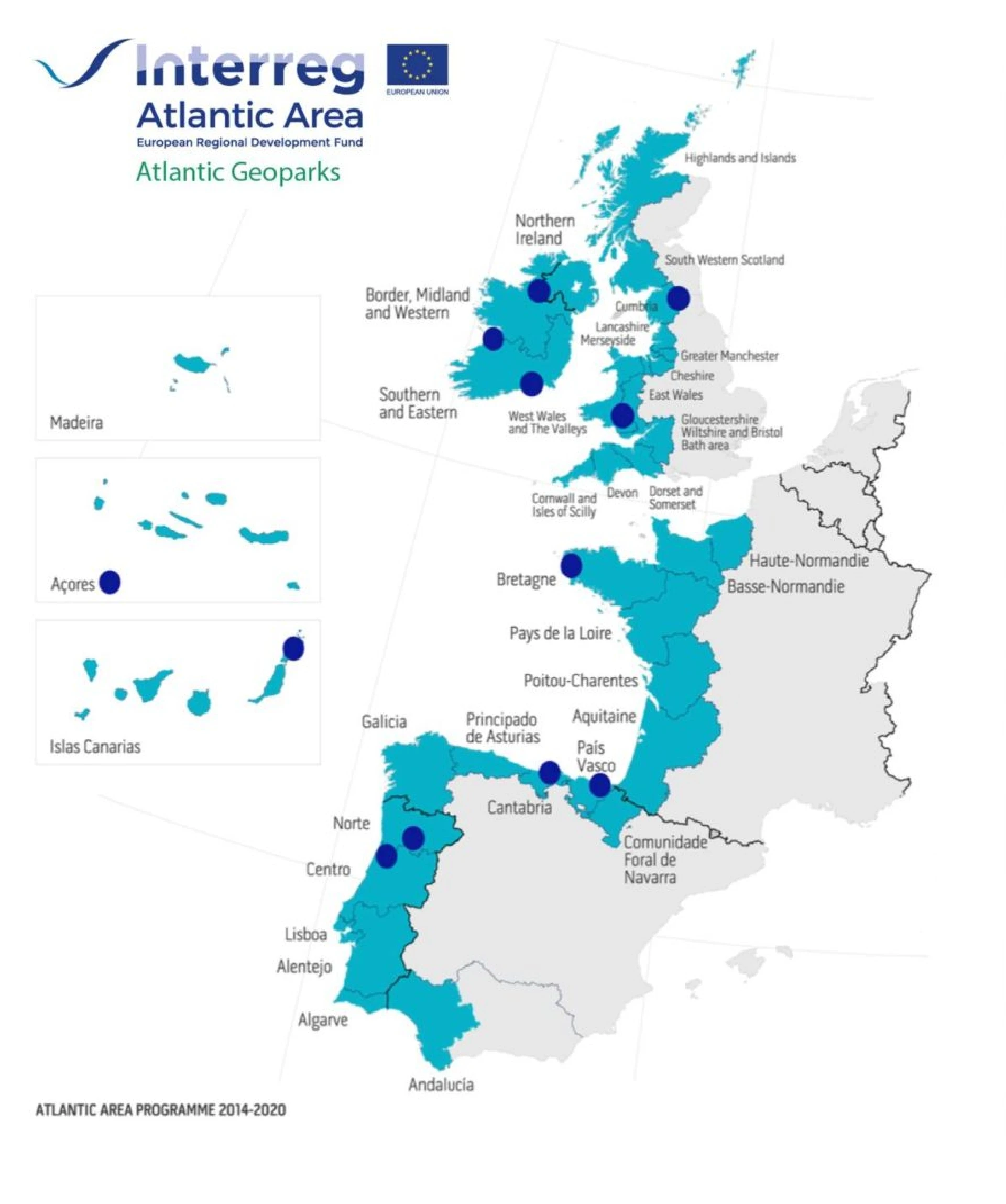 Map of the Atlantic Area in Europe, highlighting the Atlantic Geoparks Route in blue. It shows regions in Ireland, UK, France, Spain, and Portugal. Includes labels for Madeira, Açores, and Islas Canarias. European Regional Development Fund logos displayed.