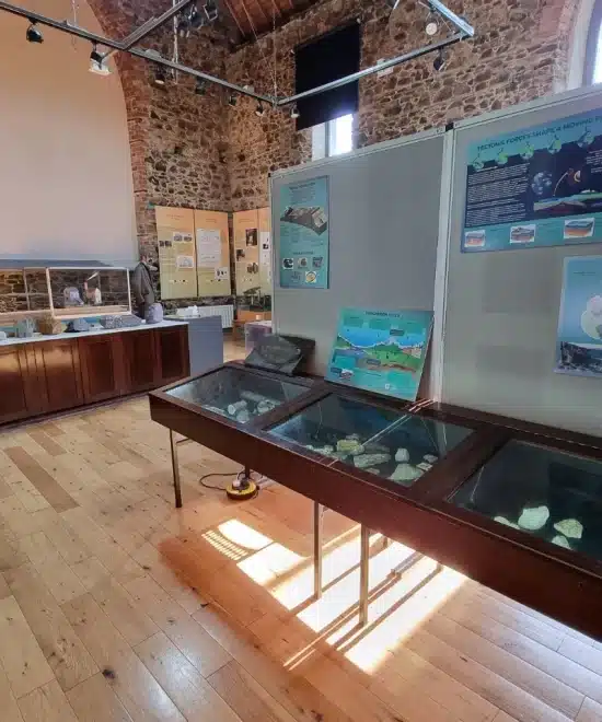 The exhibit room, with its wooden floors and stone walls, offers a glimpse into the wonders of history. Glass display cases present artifacts akin to treasures found in a UNESCO Global Geopark. Colorful information boards and overhead spotlights enhance the educational journey for visitors.