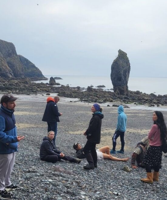 A group of people stands on a rocky beach near cliffs and a tall sea stack. Some are standing, while others are sitting on the pebbles. The cloudy sky creates a muted atmosphere.