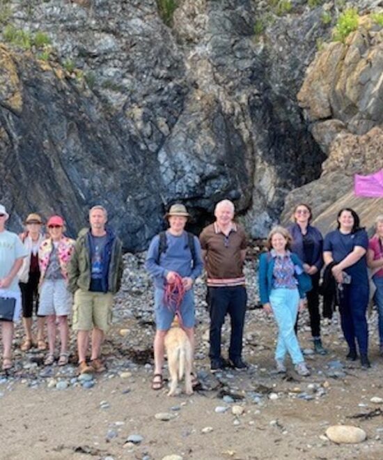 A diverse group of people stand on a rocky beach holding pink flags. They are dressed casually, with some wearing hats and sunglasses. A dog is present among the group. The background features large rock formations.