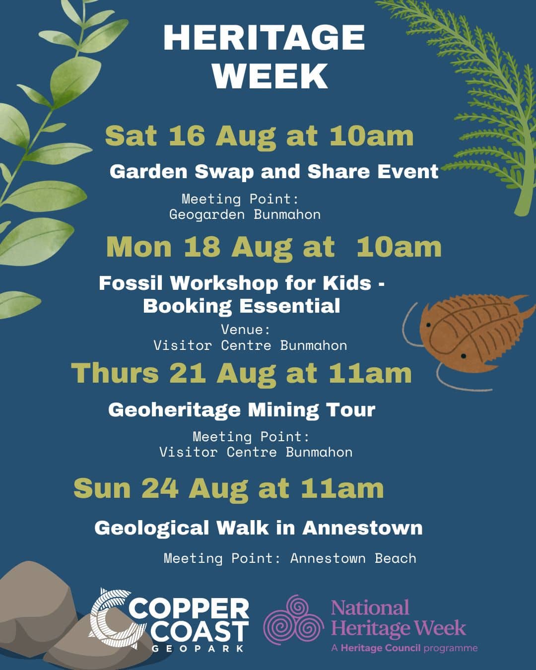 Poster for Copper Coast Geopark Heritage Week 2025 lists events from 16 to 24 August, including a garden swap, kids’ fossil workshop, mining tour, and geological walk. Includes National Heritage Week and Copper Coast logos.